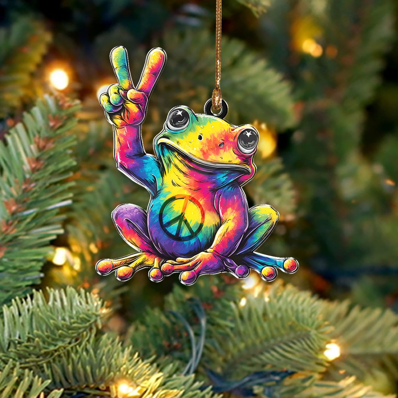 Grenouille hippie de Noël en acrylique : suspension originale symbole de paix pour sapin