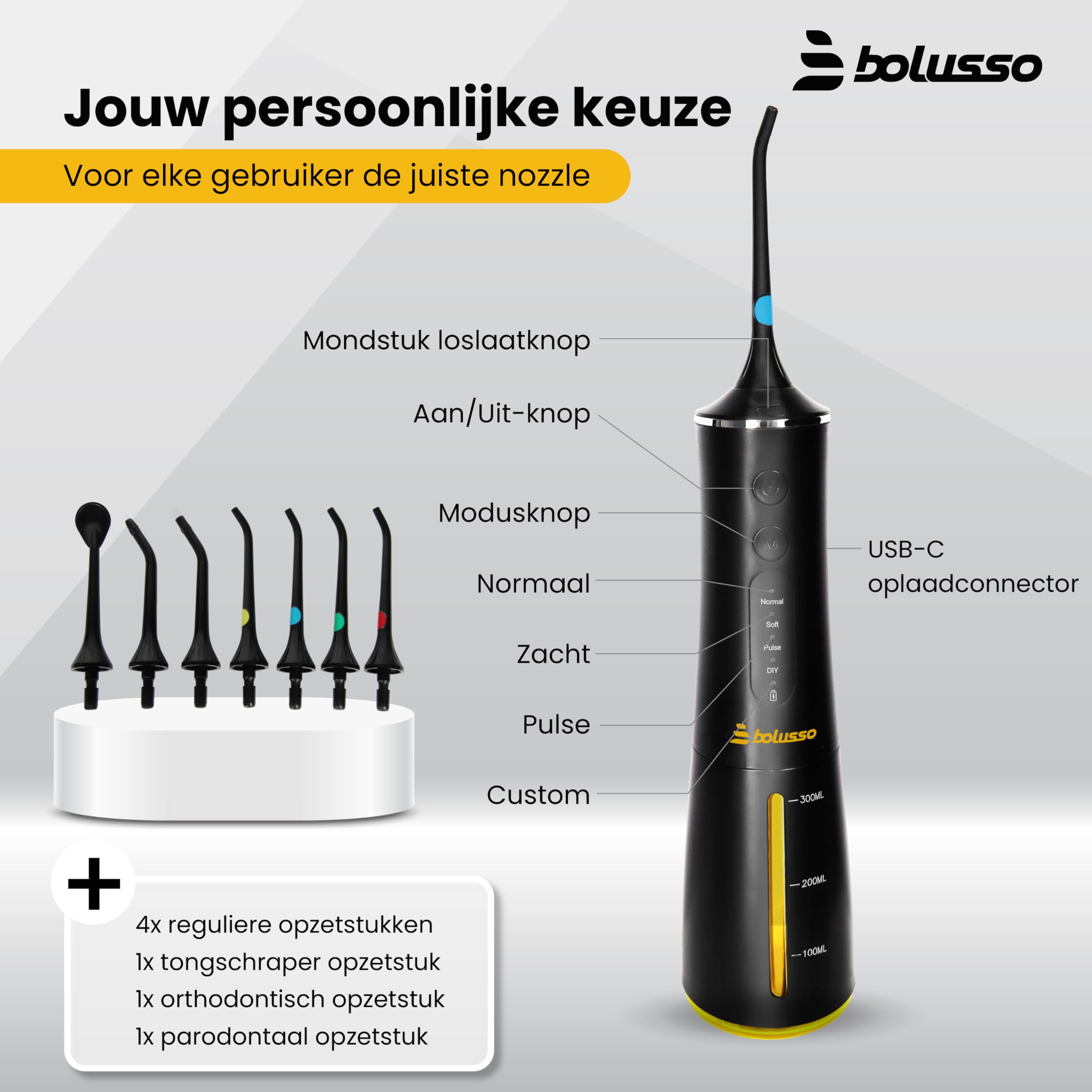 Hydropulseur dentaire sans fil – 7 embouts avec étui de voyage et livre électronique, 4 modes, réservoir de 300 ml, gratte-langue, orthodontique et embout de gencive – Kit de soins bucco