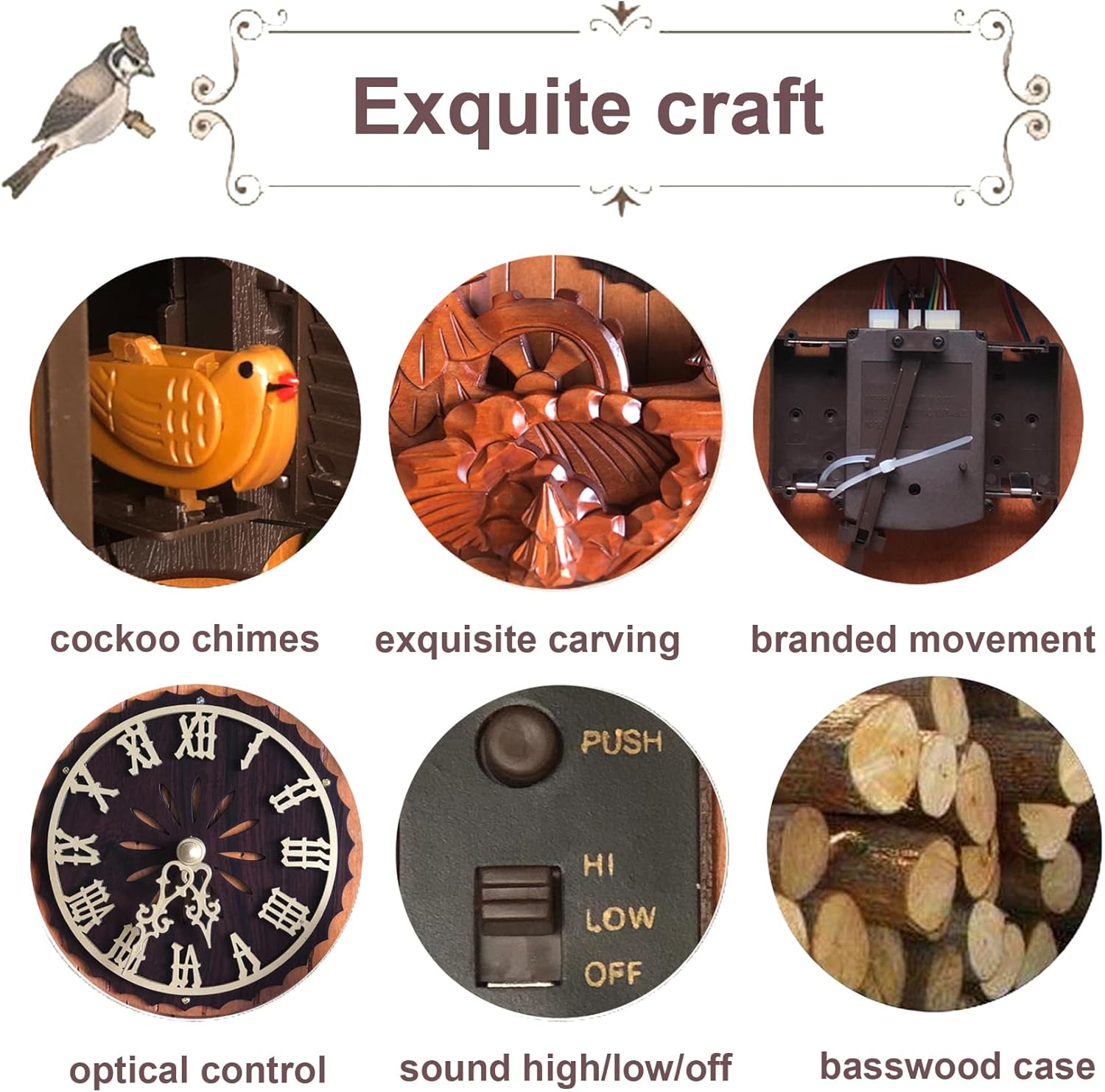 Wooden Cuckoo Clock, Vintage Grandfather Clocks for Wall, Decorative Old Fashion Bird Clock with Night Mode & Volume Adjustable, Coo Coo Pendulum Clocks Wall, Antique Home Decor Gift