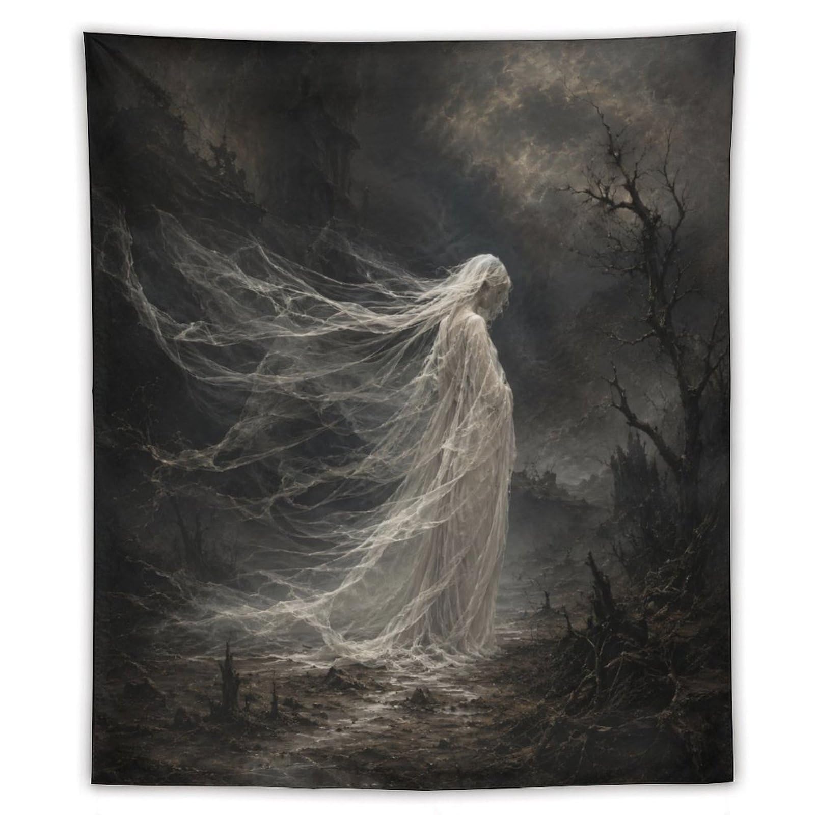 W7C8U2X3 Stormy White Ghost Wall Tapestry, Dark Fantasy Illustration Style