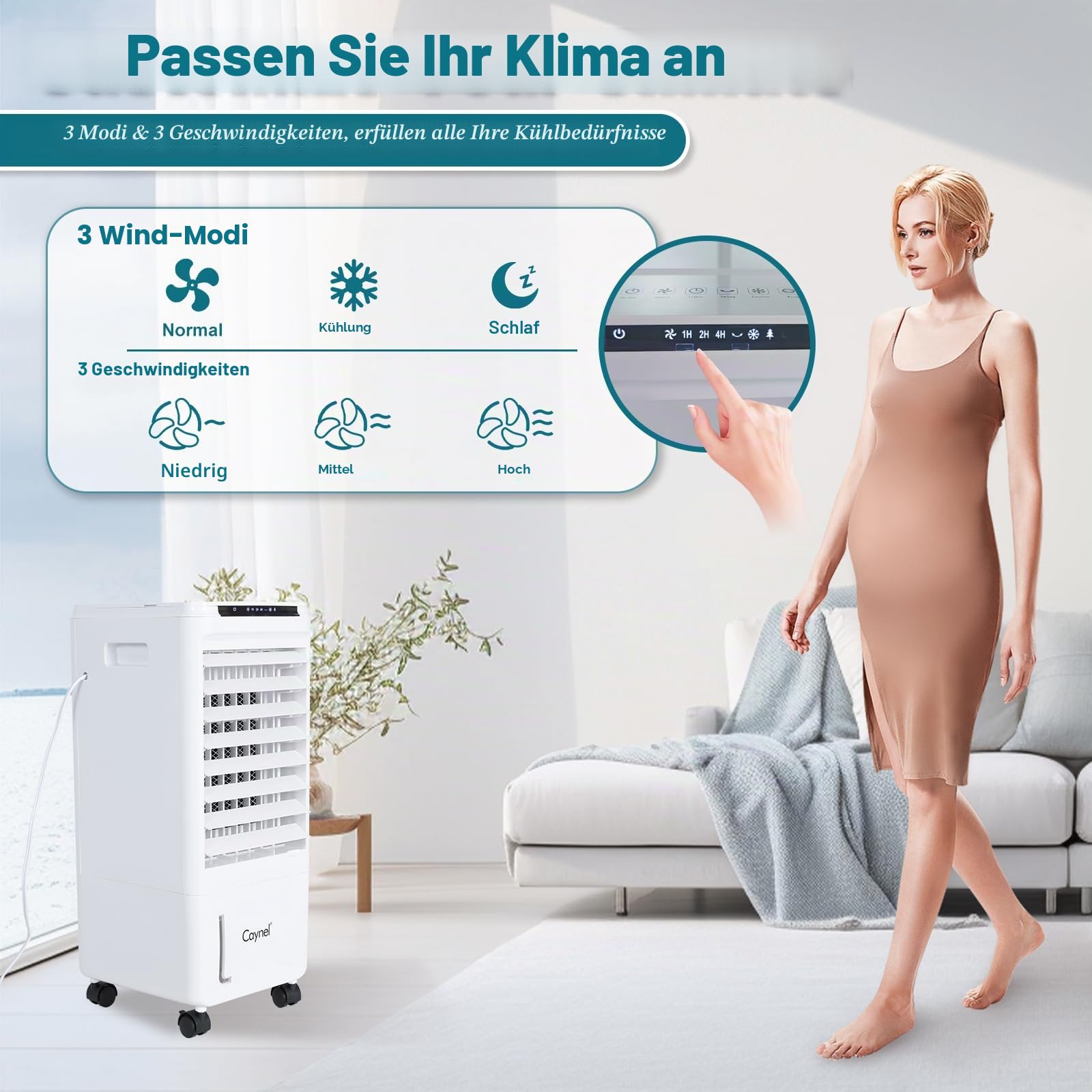 CAYNEL Tragbare Klimaanlagen, Verdunstungsluftkühler mit 7-Stunden-Timer für Auto-Off, 4 Modi und 3 Geschwindigkeiten, 4 Liter Tank-Fensterlose Klimaanlage, Sumpfkühler, Klimaanlage für Zimmer