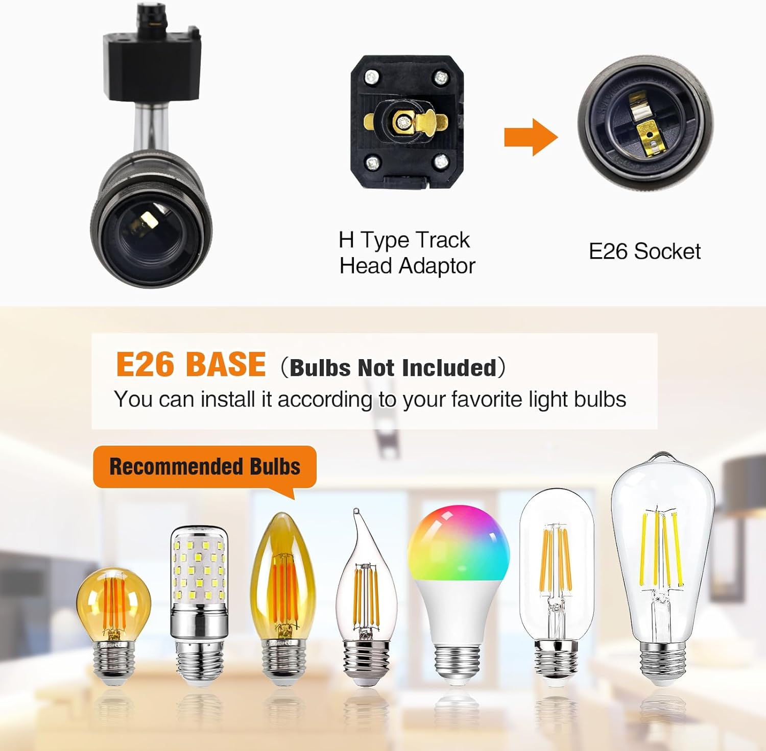 E26 Track Light Heads H Type Track Lighting Heads Direction Adjustable LED Track Lights Fixture Dimmable for Kitchen, Retro Vintage Style, Bulbs Not Included - Pack of 4(Pear Black)