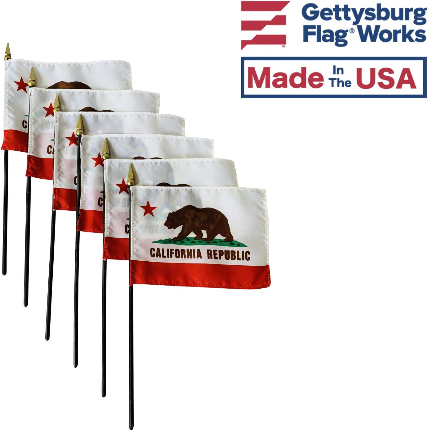 Set of 3 4x6" E-Gloss California Stick Flag with Plastic Table Base