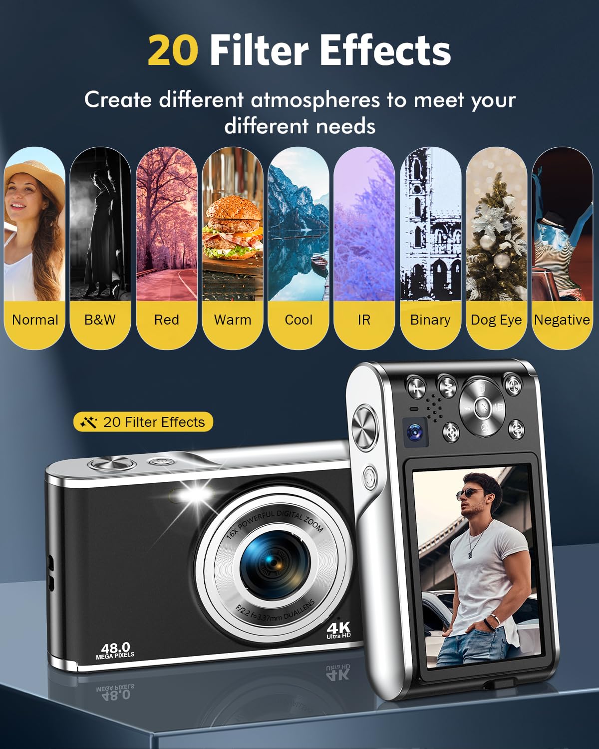 Appareil Photo numérique, Autofocus 4K Appareil Photo Compact avec Carte mémoire 32 Go, Double Objectif HD 48 MP, Zoom numérique 16x, Grand écran 2,8 Pouces Appareil Photo numérique pour débutants