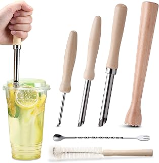 LemonRoad 6 Pcs Lemonade Drink Tool Set Includes 3 Sizes Wooden Straw Hole Puncher for Plastic Lids, Cocktail Muddler, Bar Spoon and Bottle Brush, Reusable Drink Making Kit for Juice Stands Parties