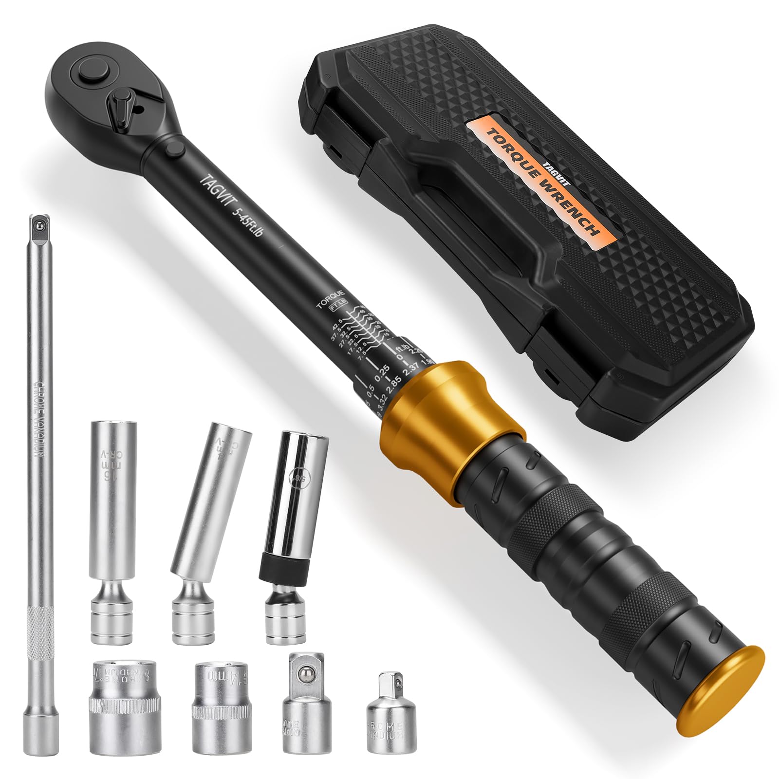 Set di chiavi dinamometriche per candele da 3/8" con chiave dinamometrica a scatto, set di chiavi dinamometriche da 6,8-61 Nm con presa magnetica girevole per candele (14 mm/16 mm/5/8"), barra