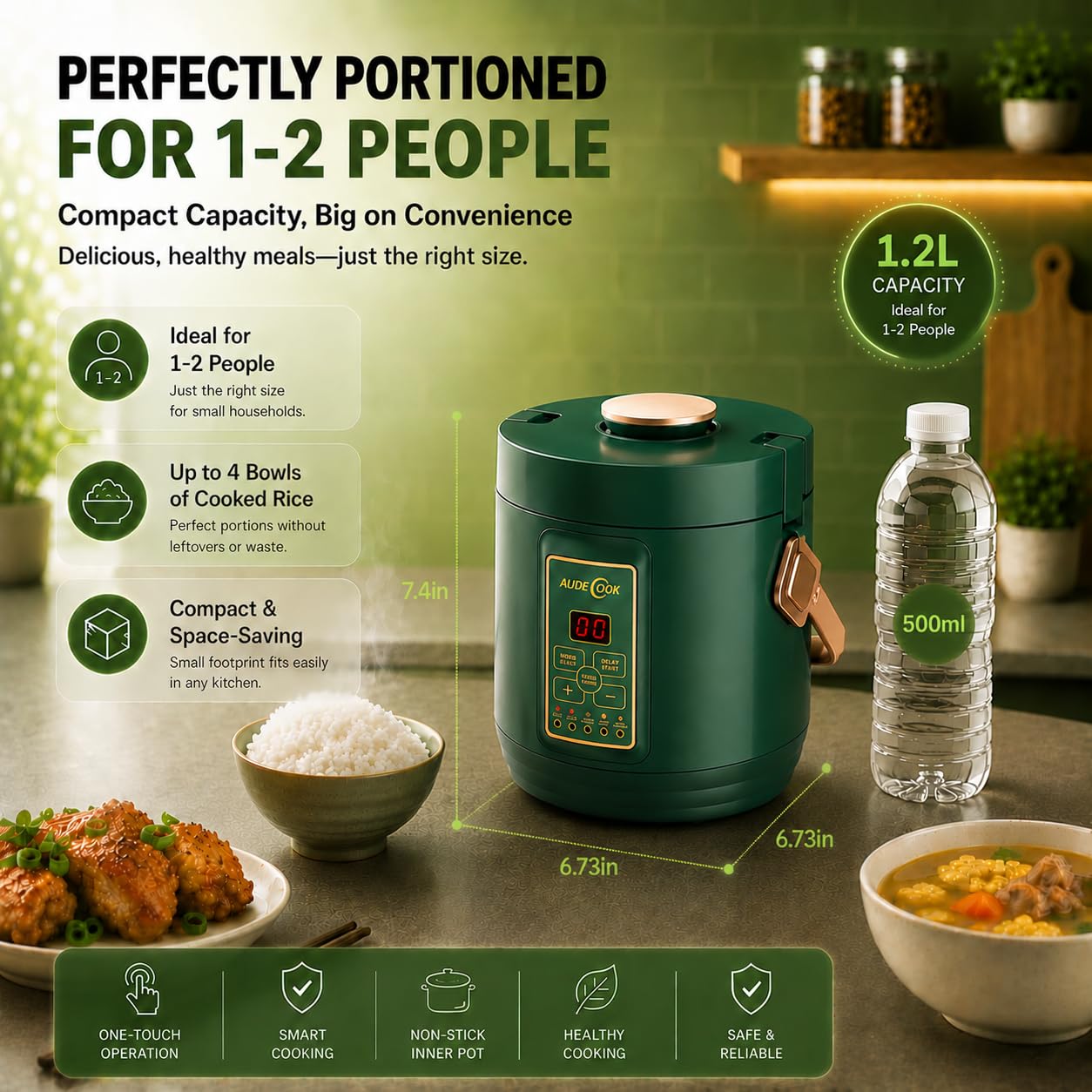 Audecook Arrocera baja en carbohidratos, mini multicocina sin cocinar de 2 tazas de 1.2 L, máquina de arroz antiadherente portátil 7 en 1 con vaporizador de acero inoxidable, temporizador de retardo