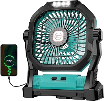Camping Fan Rechargeable, 20000mAh Battery Powered Portable Fan with LED Light, 4-Speed 180 Adjustable, Camping Essentials for Tent, Travel, Car, Outdoor, Indoor, BBQ, Fishing, Jobsite - Blue