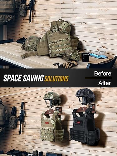 Miniatura 8 de OneTigris Soporte de pared para casco de motocicleta, soporte táctico para equipo con soporte para casco y colgador de placa, organizador de pared