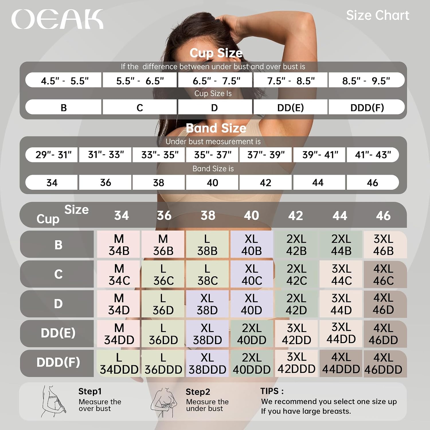 OEAK Womens Wireless Bras Supportive & Strapless Bandeau Bras Non Slip Beige L
