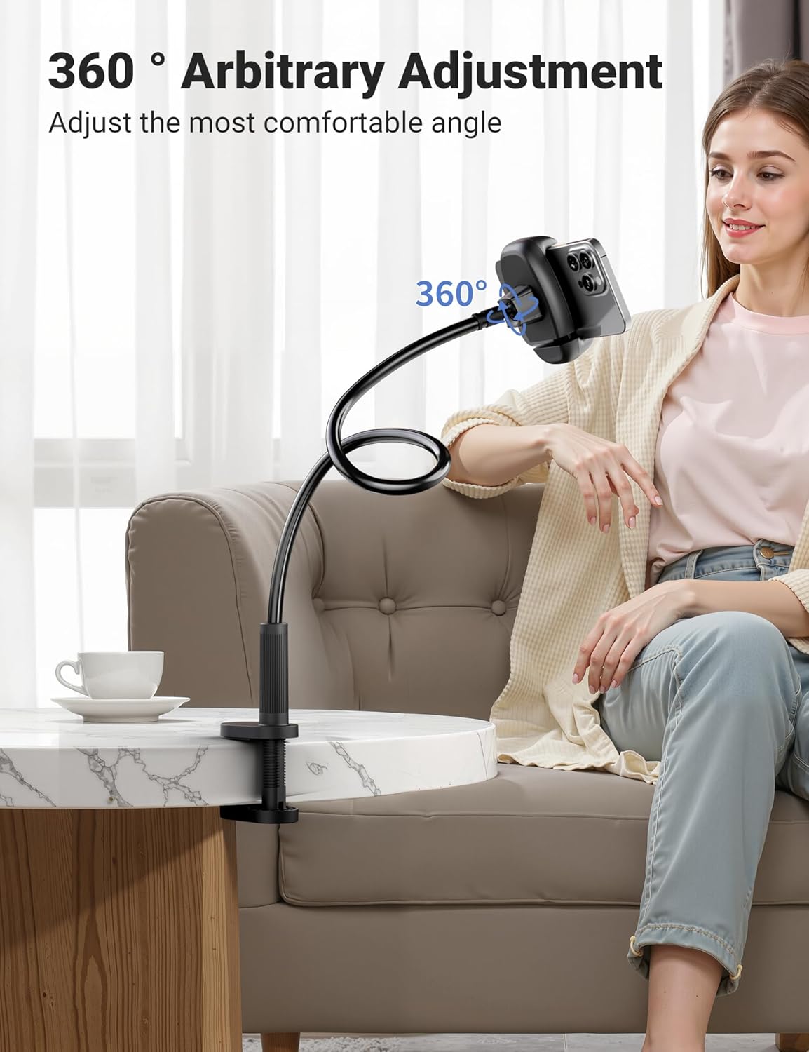 Gooseneck Phone Holder for Bed – 360° Flexible Adjustable Clamp, Long Arm Gooseneck Bracket for Desk Headboard Bedside, Compatible with iPhone 16 15 Pro Max XR X 8 7 & 3.5-7" Devices (Black) - Image 4