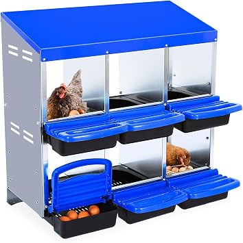 Chicken Nesting Box, 6 Hole Chicken Laying Box, 2-Tier Chicken Laying Boxes for Hens, Metal Nesting Boxes for Chicken, Roll Away Nest Box with Lid Cover for Egg Collection, Blue