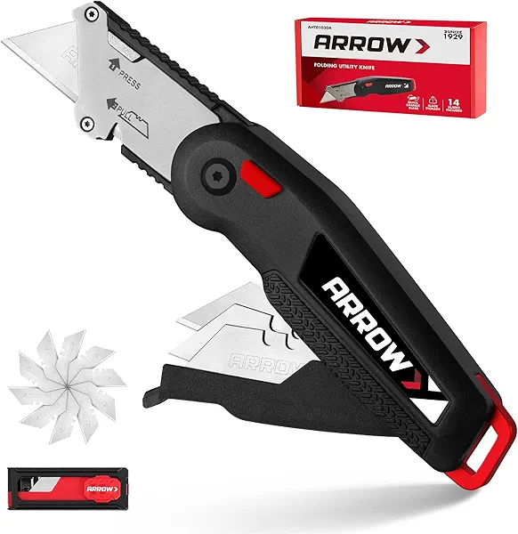 ARROW Utility Knife with Blade Storage Design, Quick Change Box Cutter, Speed Release Folding Knife with Belt Clip and Landyard Hole, Extra 13 Pieces SK2 Blades Included