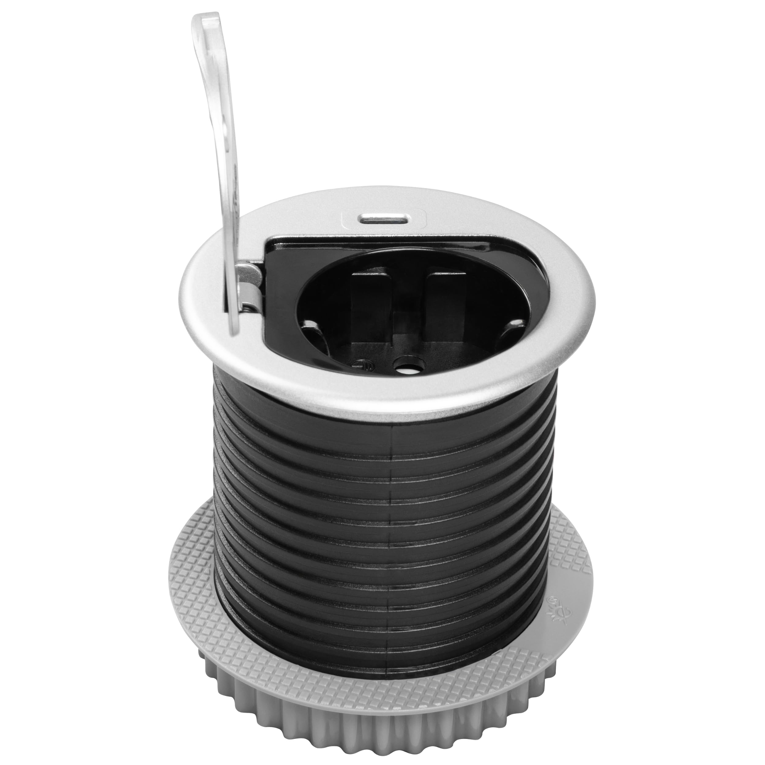 GTV - Mini prise encastrable pour meuble - 60 mm - Avec prise Schuko - Port de charge USB-C 3 A - Multiprise encastrable pour bureau, cuisine, établi - Compacte, argentée