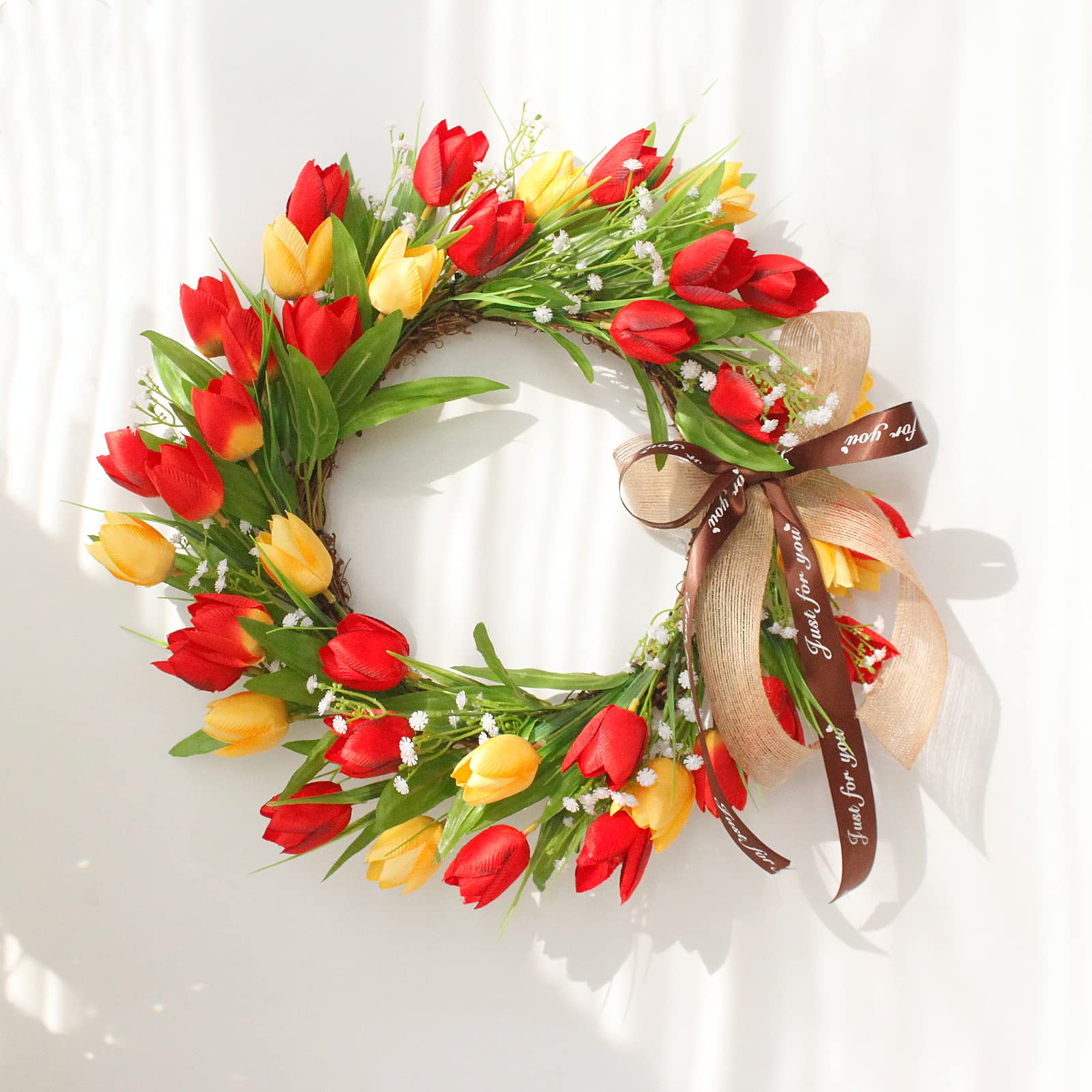 Künstlicher Blumenkranz, Bunter Tulpen Türkranz 45 cm für | Aus Rattan und Seidentuch, Lebendige Tulpenform, Verwelkt Nie, Ideal Als Deko