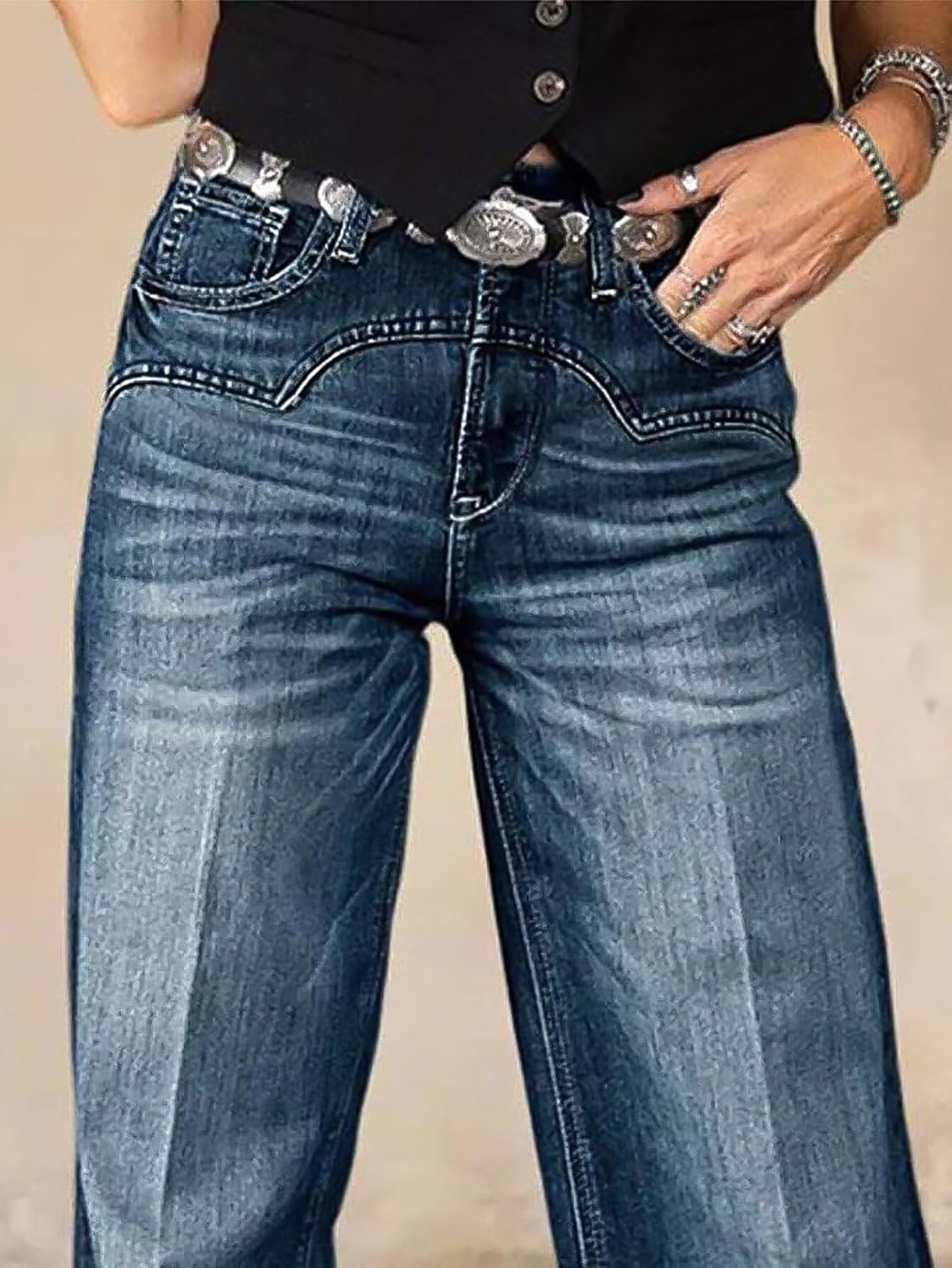 Flamingals Mid Rise Straight Leg Jeans for Women Wash Stitch Detail Vintage Baggy Wide Leg Denim Pants Without Belt - Image 5