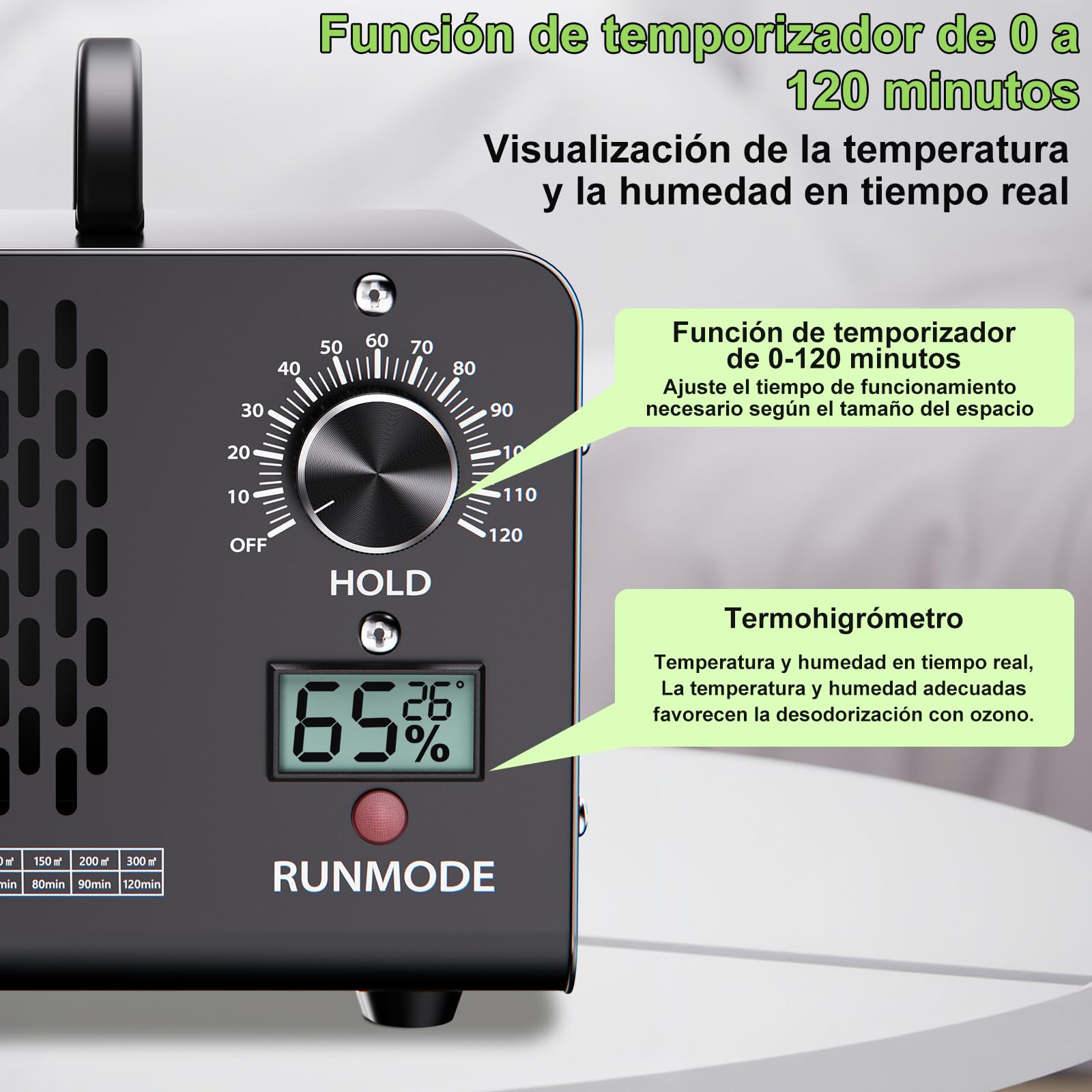 Generatore di ozono Professionale 60000 mg/h, dispositivo di ozono con indicatore di temperatura e umidità, purificatore d'aria con timer da 120 minuti,300 ㎡, per Casa Ambienti, Auto, Uffici, Hotel