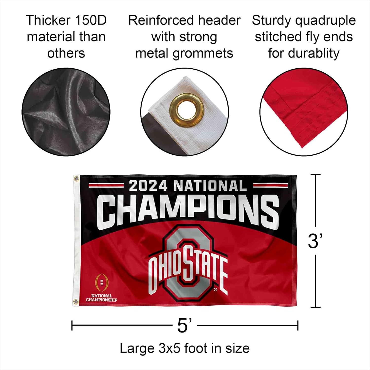 Ohio State Buckeyes College Football 2024 National Champions Flag with Pole and Bracket Holder University Set - Image 3