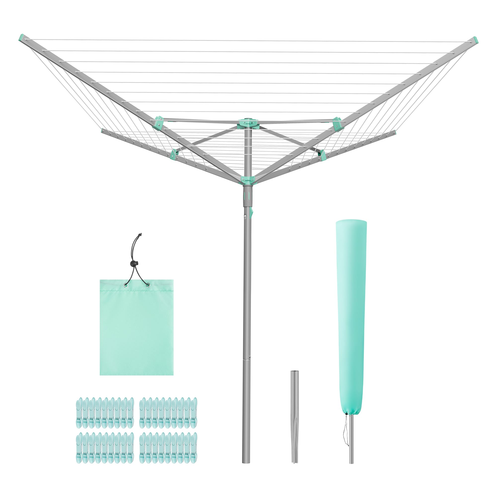 SONGMICS Rotary Washing Line, Clothes Lines for Outside, Foldable Clothes Airer, Outdoor Garden, with Clips and Protective Cover, 197 ft (60 m) Length, for 6 Loads of Laundry, Silver LLR308EZ01