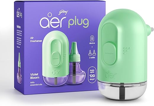 Godrej aer Plug Electric Air Freshener (Machine + 2 Refills (20Ml each) | Violet Bloom | Lasts up to 120 days,Solid