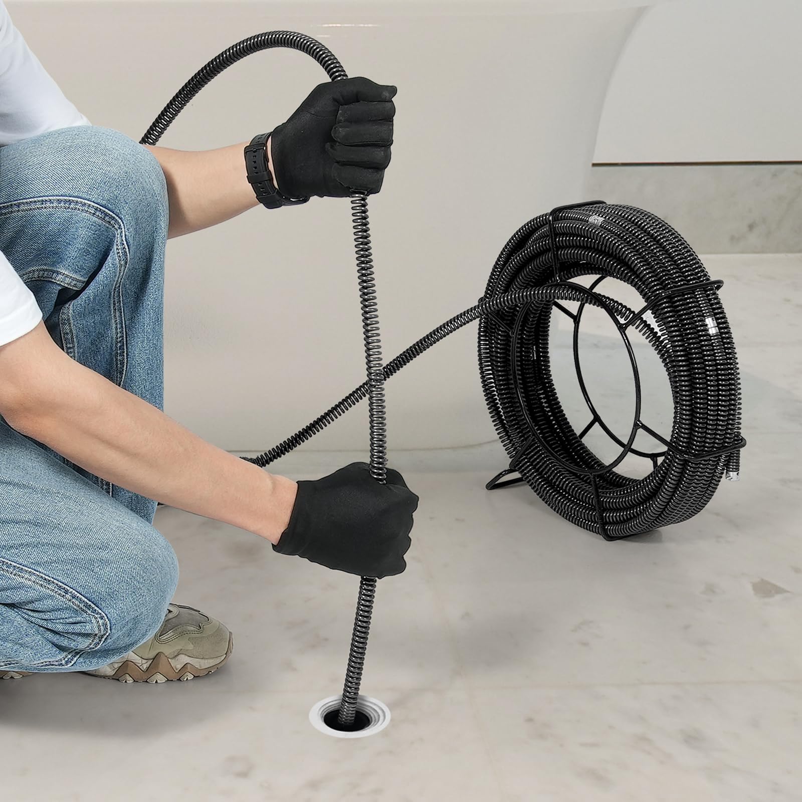 VEVOR Câble de nettoyage de canalisations, 30 m x 16 mm, câble de tarière de vidange d'égout noyau creux sectionnel professionnel, 7 coupeurs pour tuyaux 20-100 mm pour évier, siphon de sol, toilettes
