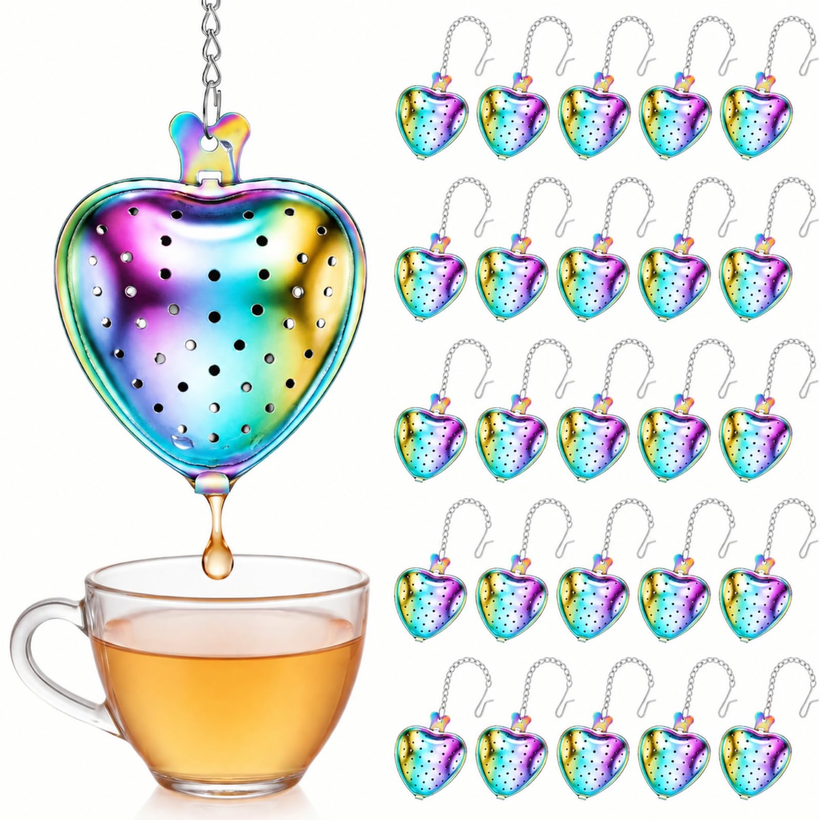Sumind Lot de 25 passoires à thé en acier inoxydable en forme de cœur avec crochet à chaîne étendue pour tasse, bouteille, thé, mariage, fête prénuptiale (divers)