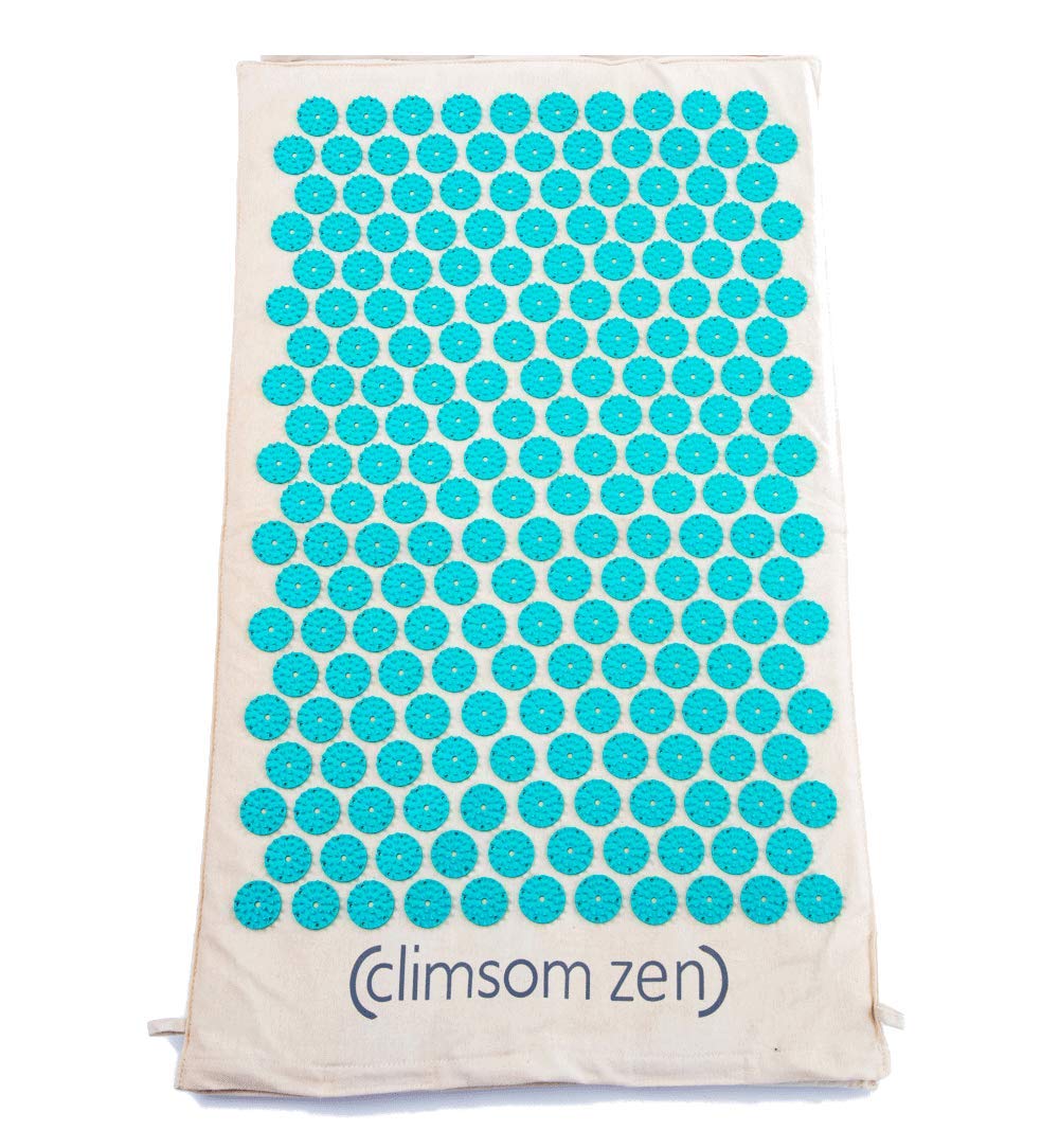 CLIMSOM Zen – Tapis d’acupression, textiles 100% naturels et biologiques, sac en toile de jute et livret de conseils inclus, massage du dos à domicile (Bleu-Vert)