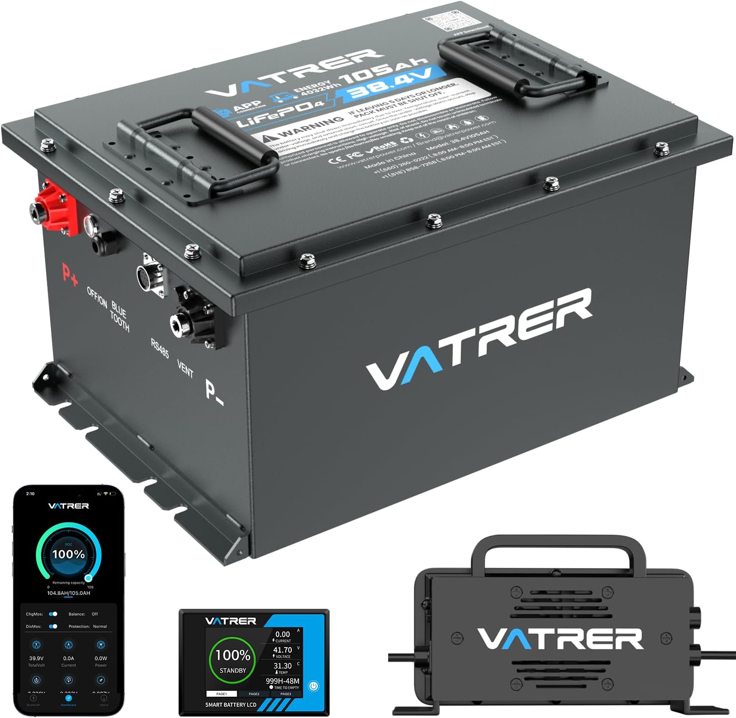 VATRER POWER 36V 105Ah LiFePO4 Golf Cart Battery, Built-in Smart 200A BMS, with Touch Monitor & Mobile APP, 4000+ Cycles Rechargeable Lithium Golf Cart Battery, Max 7.68kW Power Output, for Golf Carts