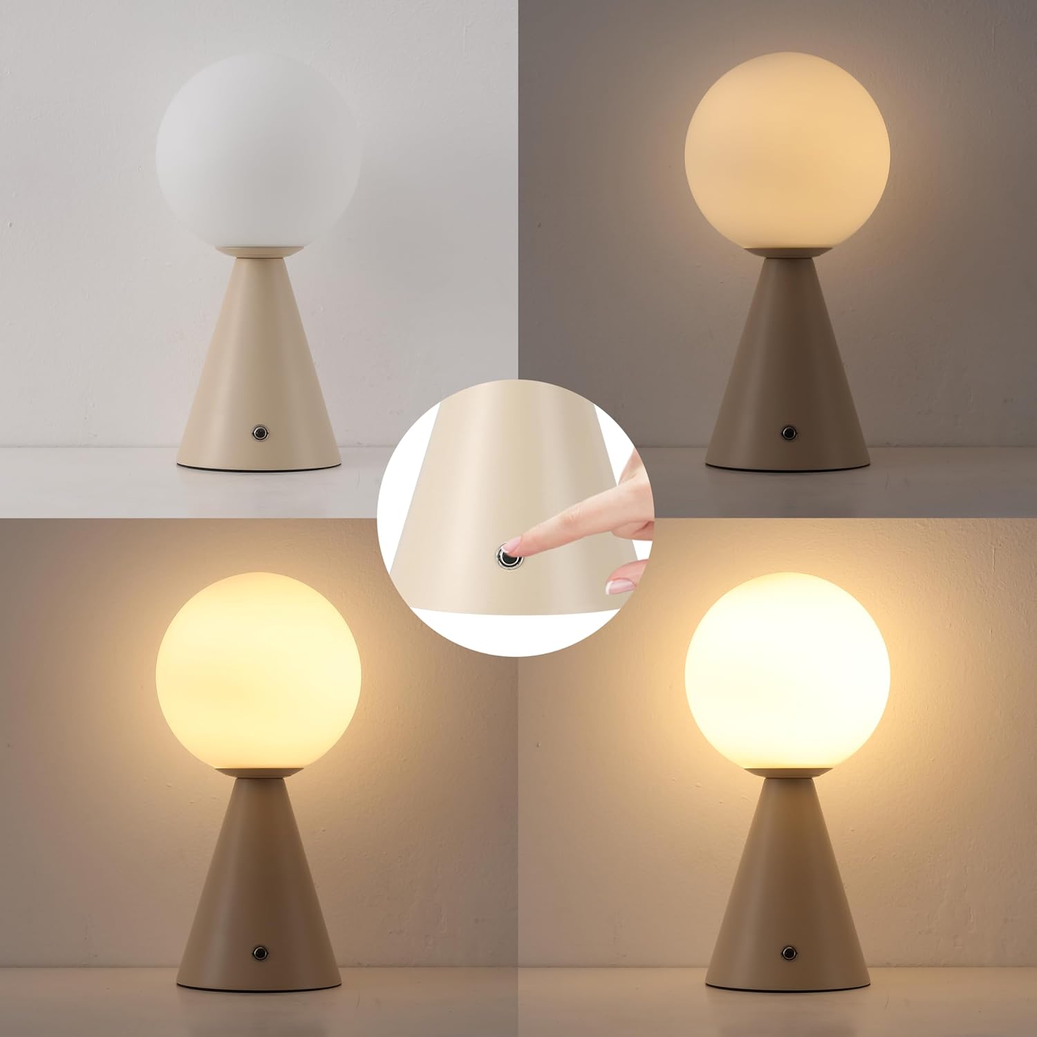 JONATHAN Y 11.75" Almond Macie Modern Globe Cordless Table Lamp Set of 2, Rechargeable Dimmable Integrated LED Touch Sensor Bedside Lamp, White Frosted Glass Shade (JYL7159C-SET2)