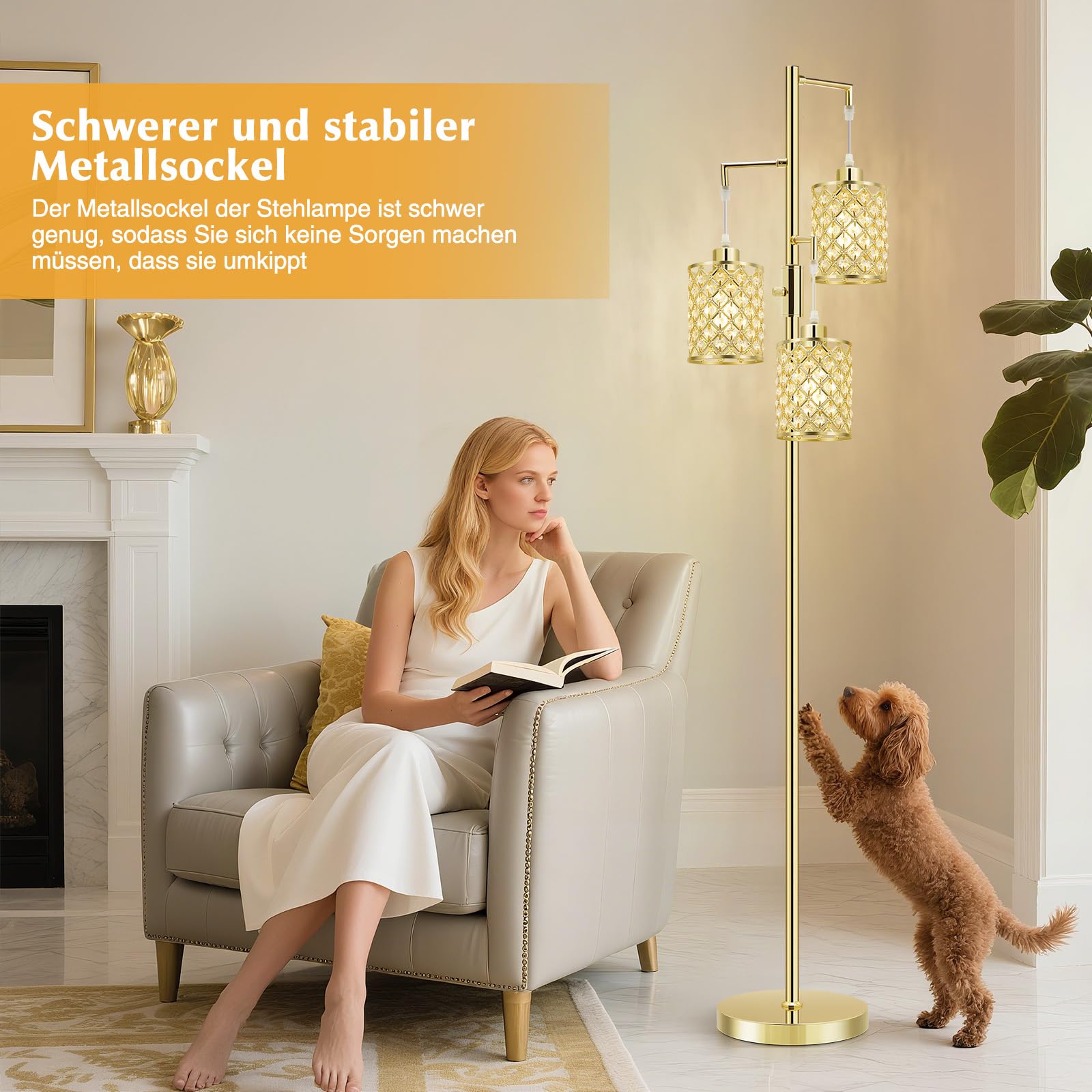 GyroVu Stehlampe Gold, Kristall Stehleuchten für das Wohnzimmer, 3 Flammige Stehlampen mit Elegantem K9 Kristallschirm und Drehschalter, Moderne Standlampe für Schlafzimmer, Home Office, Leseecke