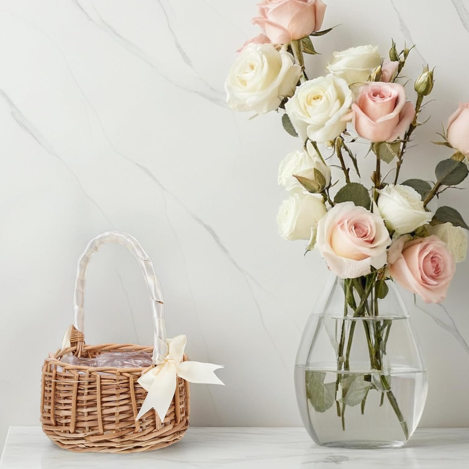 Mobestech Natural Willow Flower Girl Basket with Handle and White Ribbon Bow, Medium Handwoven Wicker Basket for Wedding Ceremony and Decor