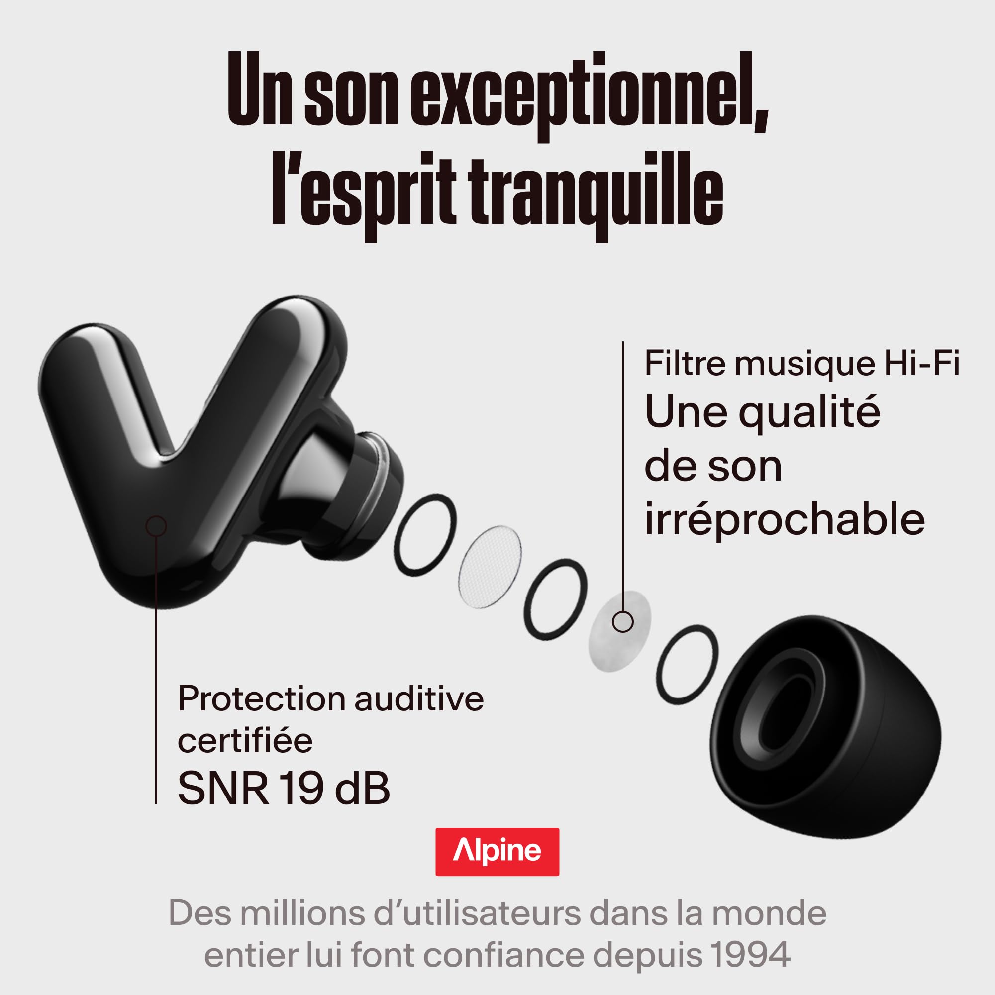 Alpine Tune Bouchons d'Oreilles Pour Concerts & Musique, Protection Auditive 19dB Certifiée, Réduction Du Bruit, Haute Fidélité, Boules Quies, 4 Tailles, Pour Festivals, Musiciens & Clubs, Noir