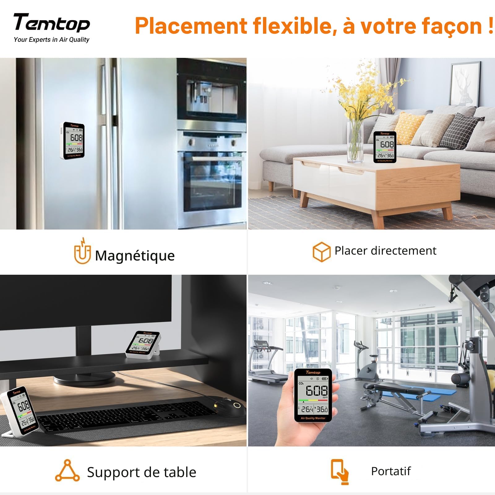 Temtop Moniteur de CO2 Dioxyde de Carbone Moniteur de Qualité de l'air Intérieur Portable, Capteur Mesure CO2 Température Humidité Temps pour Maison Bureau Ecole