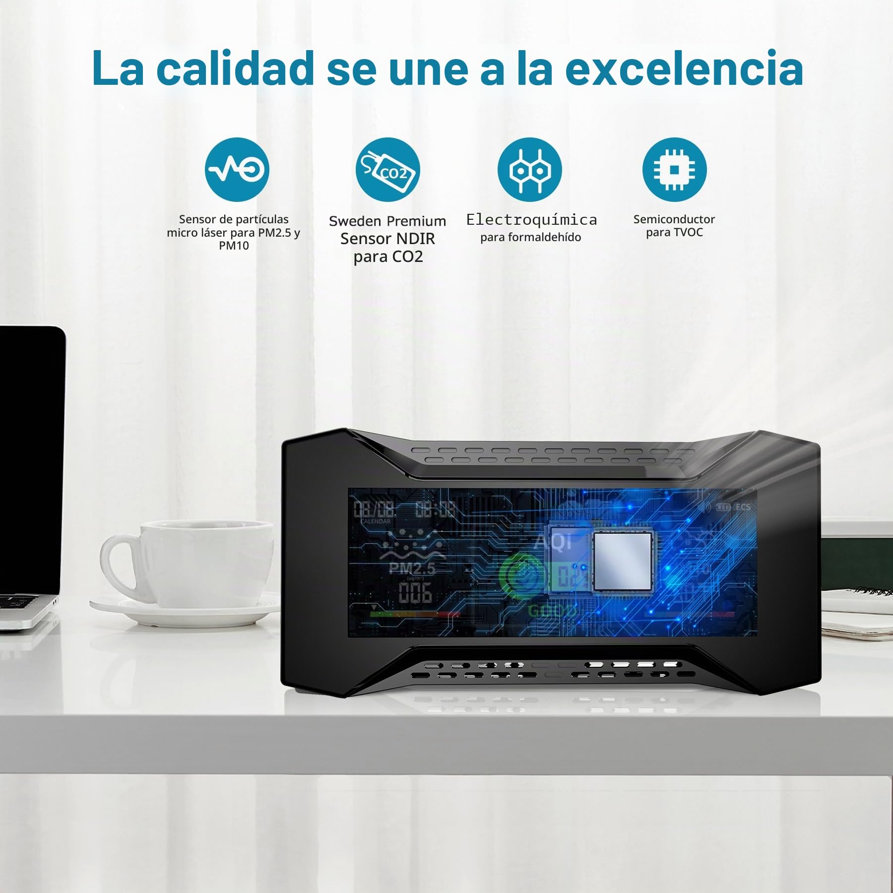 Monitor de Calidad del Aire 10 en 1 con Registro de Datos e informes CSV listos para auditoría. medidor CO2 de Alta precisión, 6 Niveles de AQI de Icon. Ideal para oficinas,Laboratorios,fábricas (1)