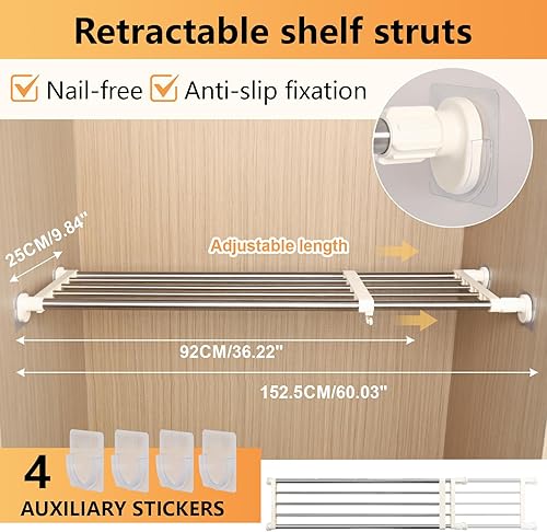 Miniatura 3 de BAOYOUNI Estante extensible de tensión de armario ajustable para almacenamiento de ropa, organizador de varilla, marfil, 39.76-60.04 pulgadas