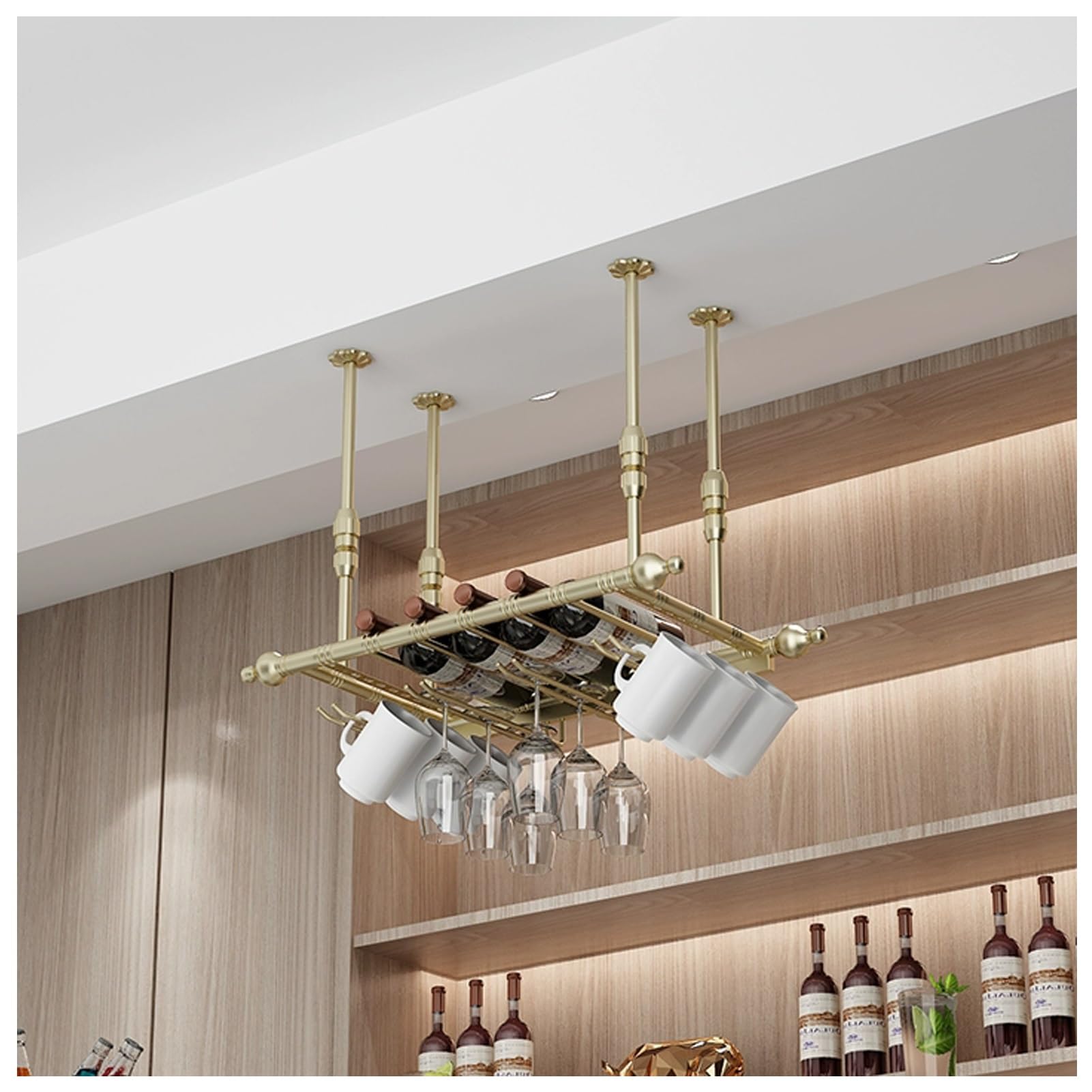 Étagère à vin murale industrielle dorée 60x30cm avec porte-verres pour cuisine