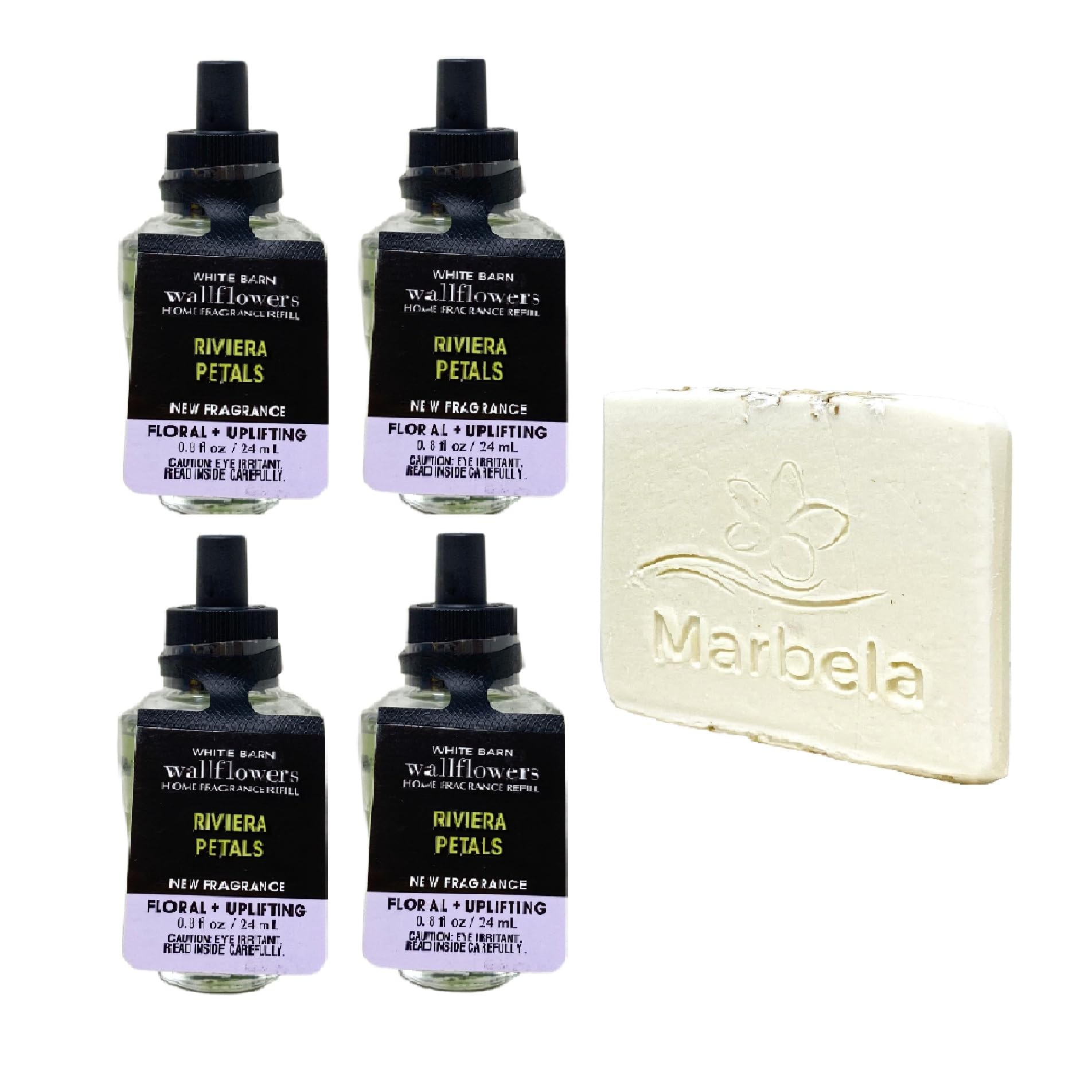 Bath & Body Works Riviera Petals 4 Pack Wallflowers Home Fragrance Refill Bundle with a Natural Oats Sample Soap