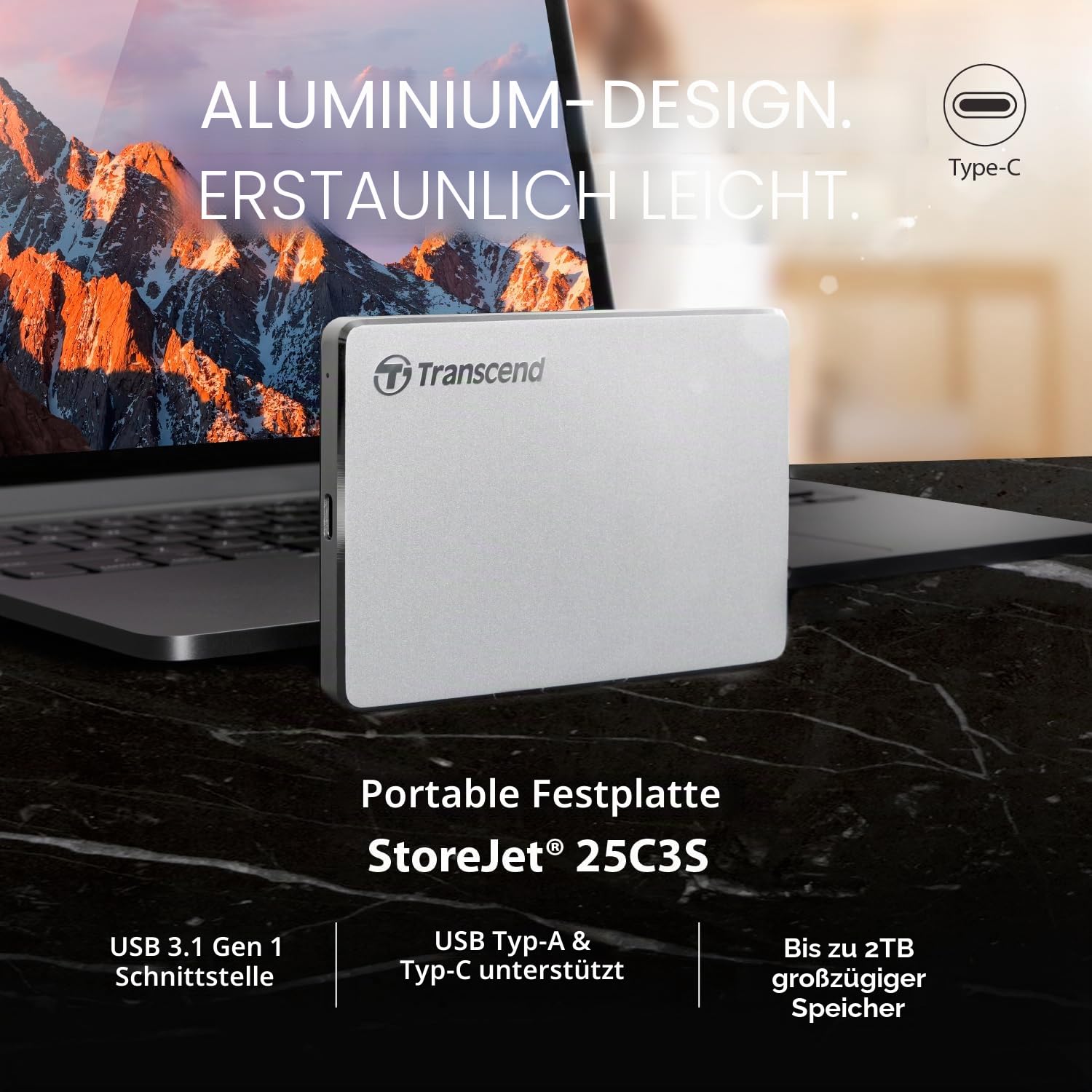 Transcend 1TB StoreJet 25C3S SJ25C3S Externe Festplatte TS1TSJ25C3S,1 TB,Type-C, USB 3.1 Gen 1