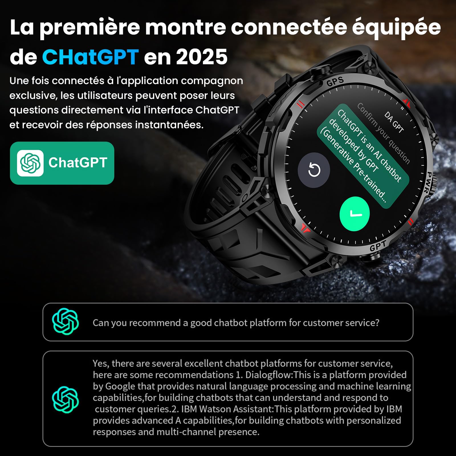 Montre Connectée Homme Militaire 1,56", avec GPS / AI Cadran / Vocal GPT | Boussole/Appel Bluetooth/Détection Pression de Fréquence Cardiaque, Compatible avec Android et iOS, 100 + Modes Sportifs GPS