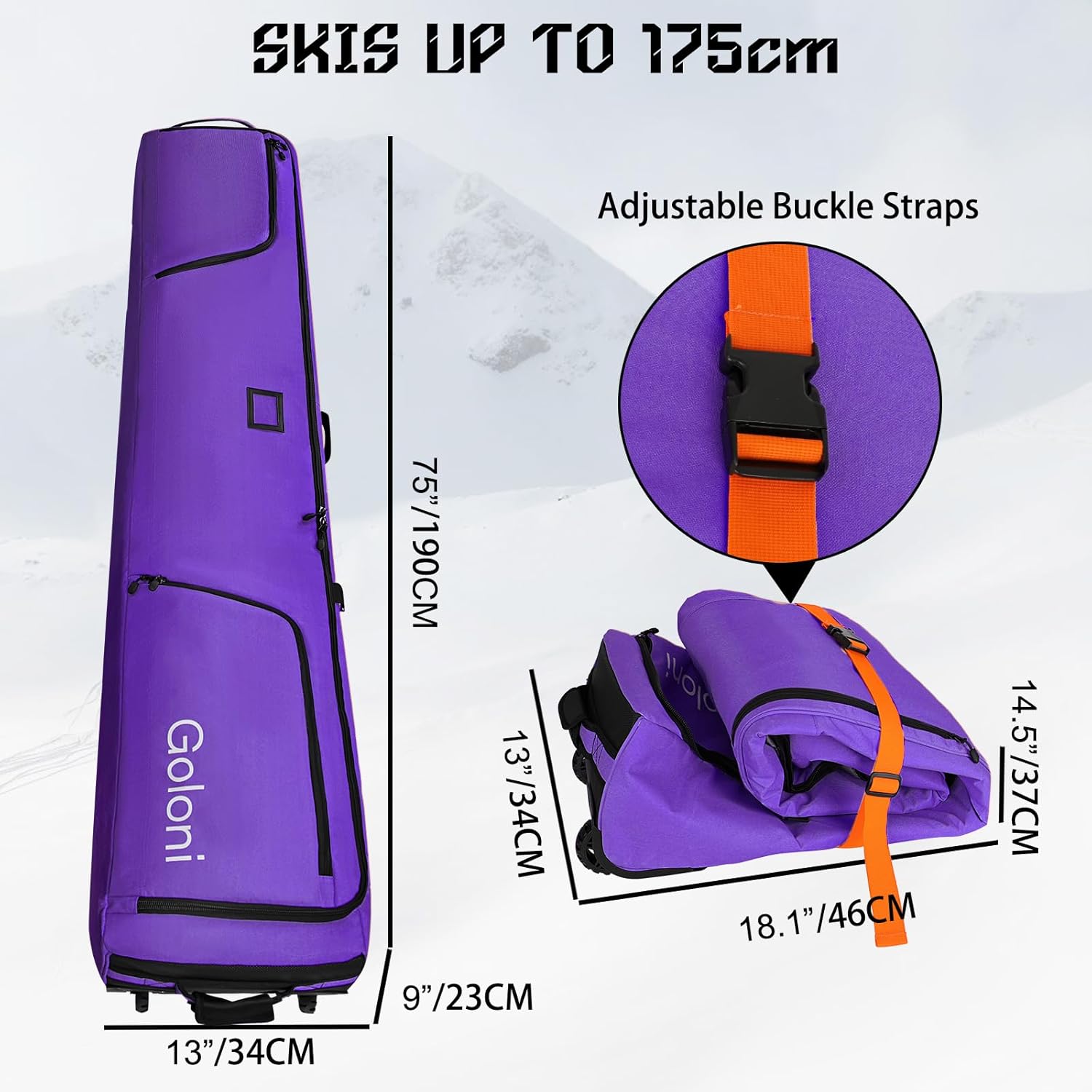 goloni ski bag with wheels,padded snowboard bag for air travel,600d waterproof fabric,foldable snow bag fits 2 pairs skis 175cm purple