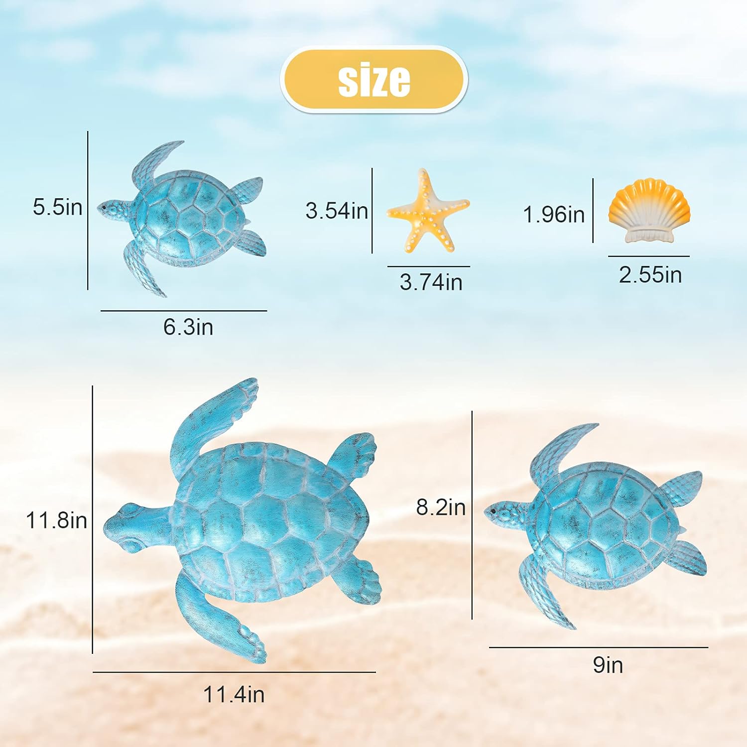 11 Pcs Metal Sea Turtle Wall Decorations Blue Turtle Wall Art Starfish Ocean Themed Decor Starfish Shell Beach Decor for Summer Sea Life Bathroom Home Nursery Gifts