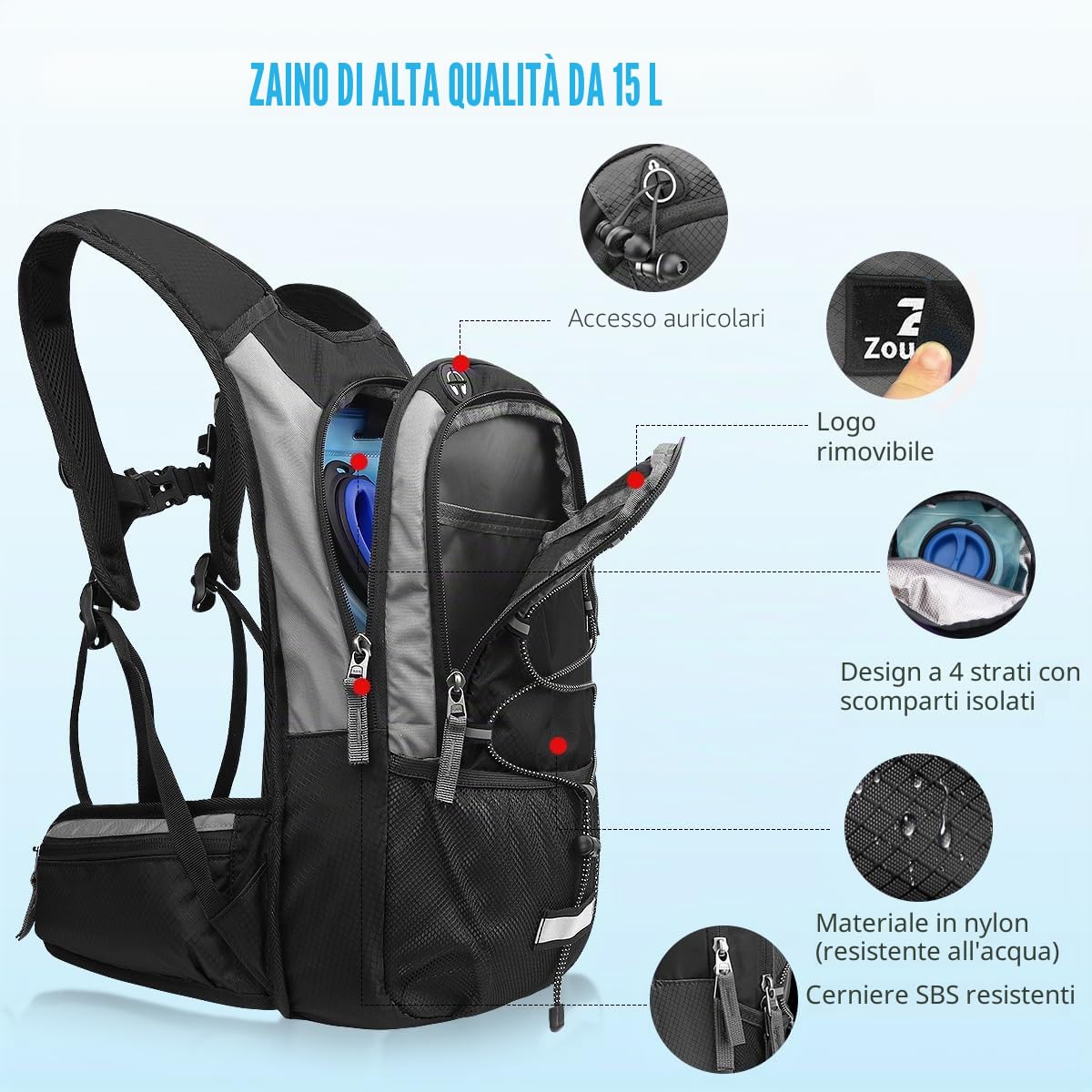 Zounich Zaino da corsa con scomparto termico, Zaino idrico con sacca d'acqua da 3 litri, Zaino da bicicletta, Zaino per escursioni, per corsa, ciclismo, campeggio, sci, attività all'aperto