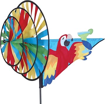 Premier Kites Triple Spinner 5 OClock Somewhere Eye-Catching Parrot Garden Spinner with Colorful Triple Wheels, Durable Weather-Resistant Fabric, Easy Assembly, Fun Outdoor Decor for Patios & Lawns