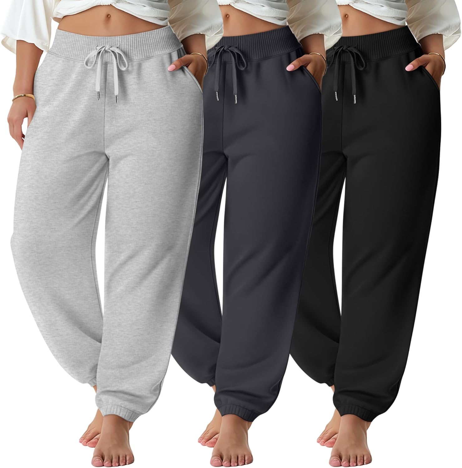 3 Pack Women's Plus Size Sweatpants Joggers Tapered Elastic Waist with Pockets Workout Athletic Lounge Yoga Pants