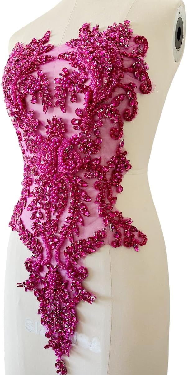 Handmade Shiny Rhinestones Applique handsewing Beaded Sequins Crystal on lace Trim Patches for Prom Dress Clothing Decorative Accessories (Rose red)
