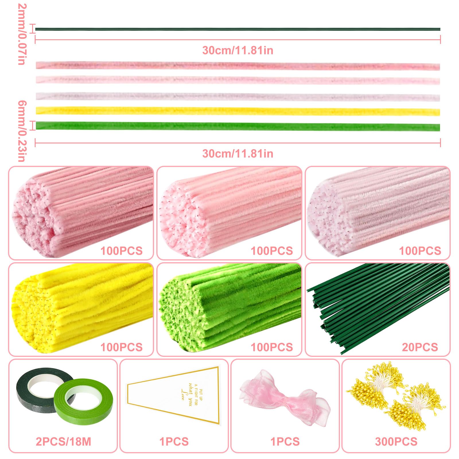 5 kleuren roze pijpenreiniger bloemenkit, 300 stuks pijpenreinigers voor handwerk, met 1 rol pluizig garen, 50 parels, 100 bloemenmeeldraden, 15 bloemendraad, 2 bloementape, 2 inpakpapier, lint en