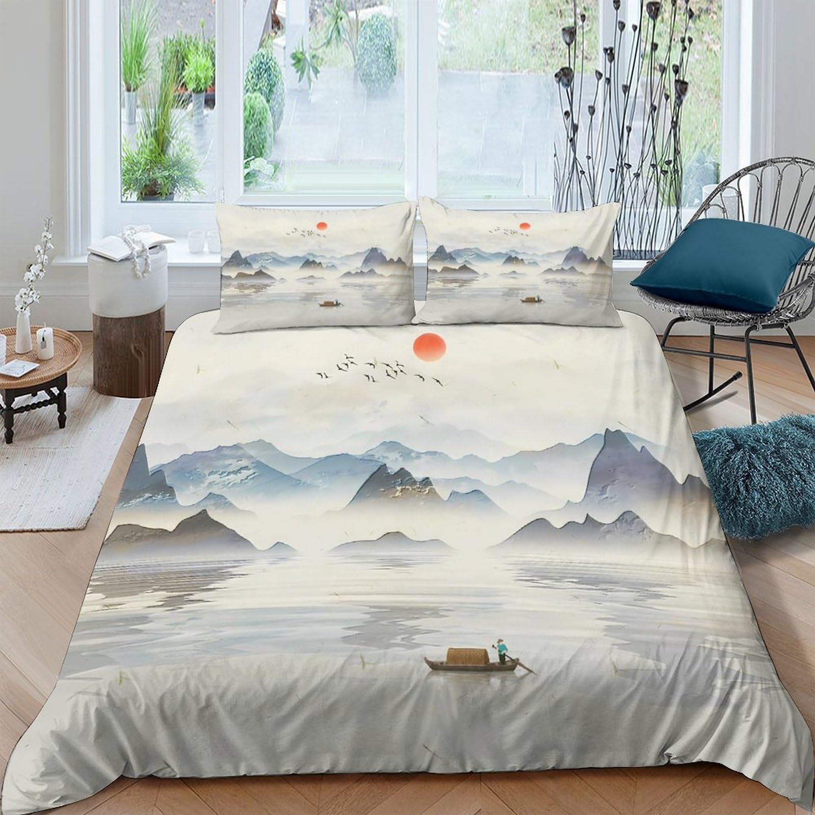 Ctjqhvkz Style-1 3D Printed Chinese Ink Landscape Fitted Sheet Microfiber Soft Mountain Sunrise Bed Cover For Bedroom Guestroom Decor Single（135X200cm）