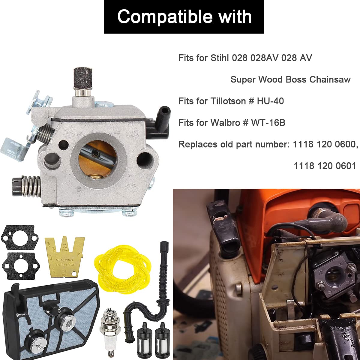 ZAMDOE Gaźnik zamiennik do piły łańcuchowej Stihl 028 028AV 028 AV, zamiennik do Walbro #WT-16B, do Tillotson #HU-40, z uszczelką, filtr powietrza, przewód paliwowy