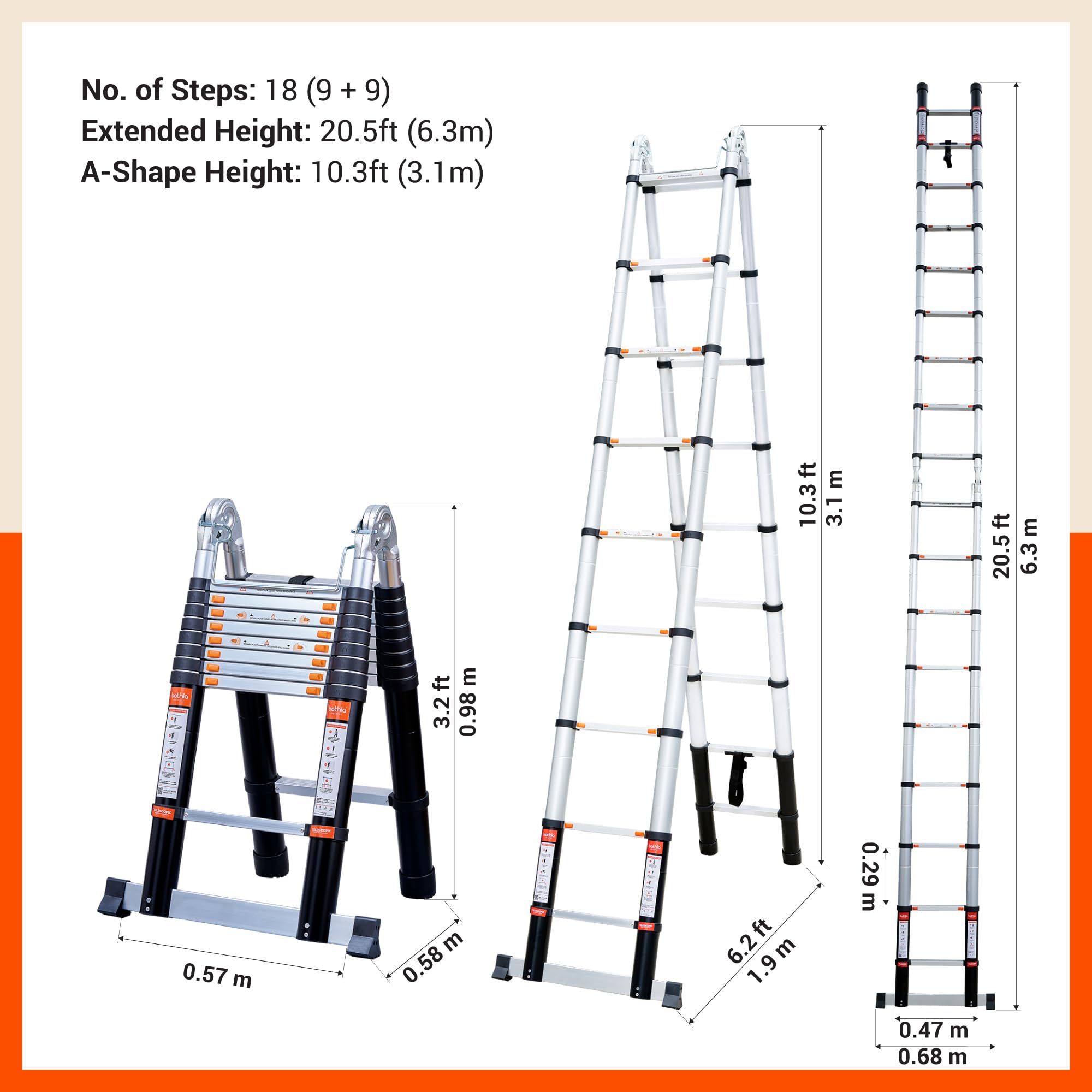 Bathla 20.5 ft A-Type Foldable Aluminium Telescopic Ladder with 18 Steps | Portable & Compact | 2-Year Warranty | Multi-Purpose Ladder for Home, Industrial & Outdoor Use — Amazon image 2
