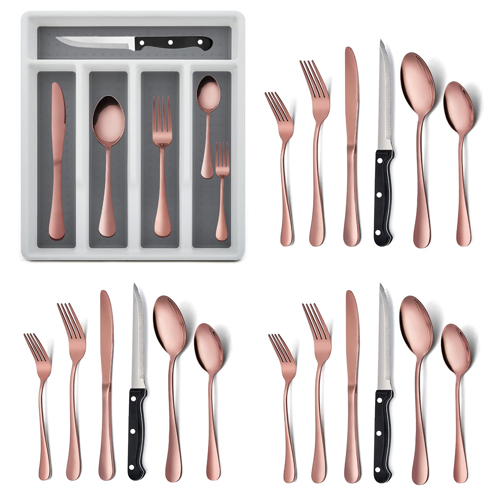 25-Piece Silverware Set with Flatware Drawer Organizer, HaWare Stainless Steel Cutlery Set with 4 Steak Knives, Eating Utensils Set Service for 4, Mirror Polished, Dishwasher Safe-Copper